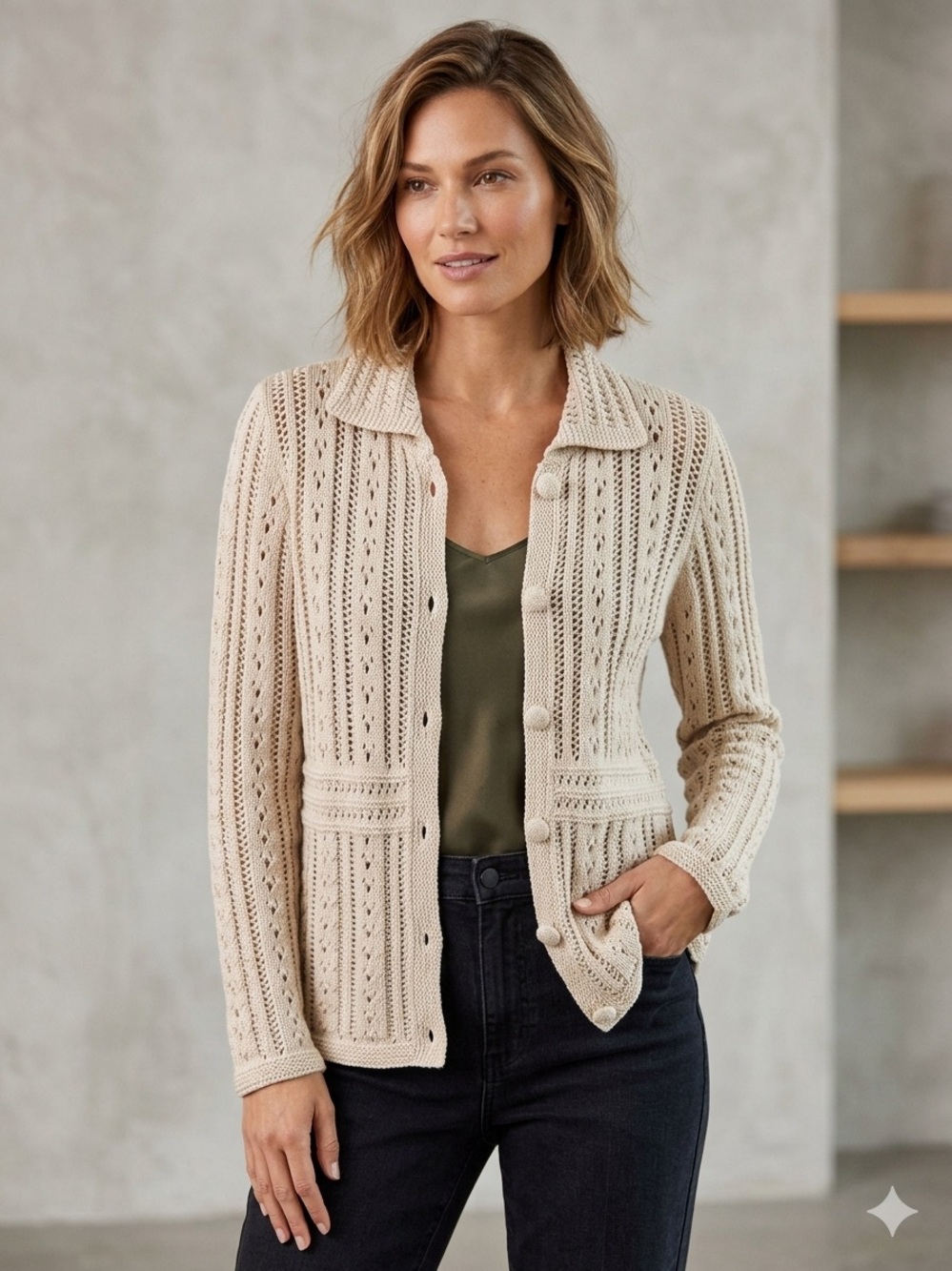 Charter Club XL Cream Open Knit Pointelle Collared Cardigan Sweater Boho